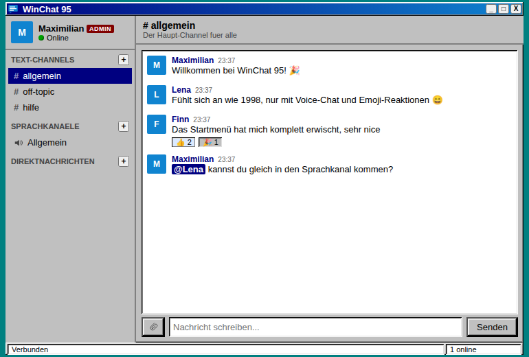 WinChat 95 Desktop-Oberfläche mit Chat und Sprachkanälen